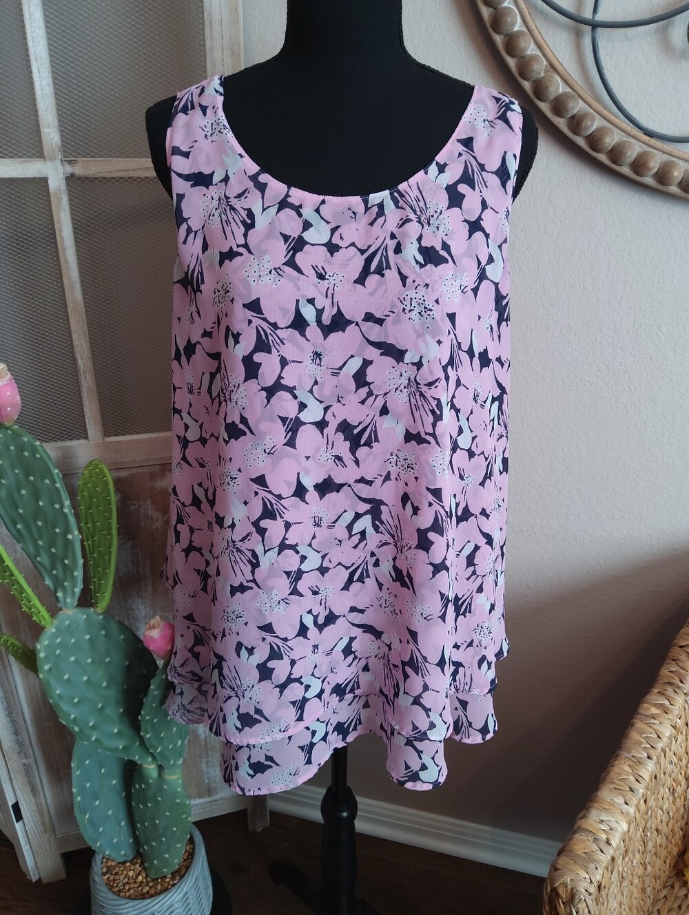 Lane Bryant Pink and Navy Floral Sleeveless Camisole